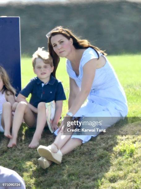 Catherine, Duchess of Cambridge and Prince George of Cambridge attend the Maserati Royal Charity Polo Trophy at Beaufort Park on June 10, 2018 in...