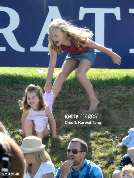 Princess Charlotte of Cambridge and Savannah Phillips attend the Maserati Royal Charity Polo Trophy at Beaufort Park on June 10, 2018 in Gloucester,...