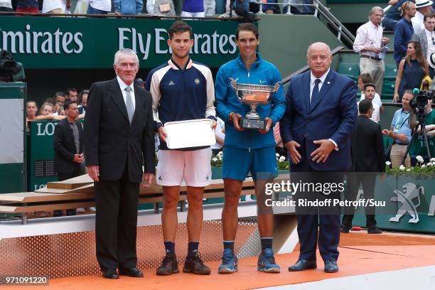 Tennis Player Ken Rosewall, Losing Men Finalist Dominic Thiem, Winner of the Men Final Rafael Nadal and President of French Tennis Federation Bernard...