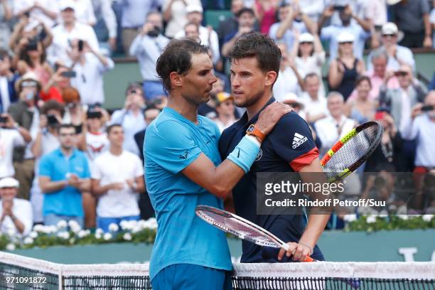 Rafael Nadal and Dominic Thiem congratulate themselves at the end of the Men Final of the 2018 French Open - Day Fithteen at Roland Garros on June...