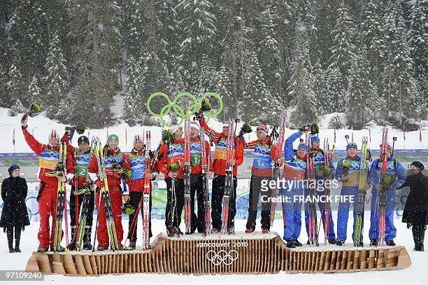 Norway's gold medalist Halvard Hanevold, Tarjei Boe, Emil Hegle Svendsen and Ole Einar Bjoerndalen, Austria's silver medalists Simon Eder, Daniel...