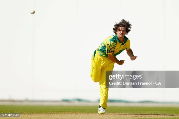 Brock Larance of The Australian Indigenous Men's cricket team bowls during a match against Derby at Derbyshire on June 10 United Kingdom. This year...