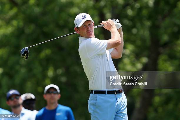 Brandt Snedeker plays his shot from the second tee during the final round of the FedEx St. Jude Classic at TPC Southwind on June 10, 2018 in Memphis,...