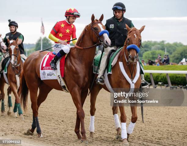 Justify, ridden by Jockey Mike Smith, is pictured prior to the 150th running of the Belmont Stakes on June 9, 2018 at Belmont Park in Elmont, NY.