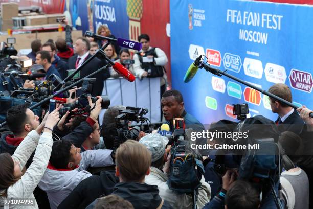 Marcel Desailly is interviewed during the official opening of the FIFA Fan Fest at Vorobyovy Gory on June 10, 2018 in Moscow, Russia.