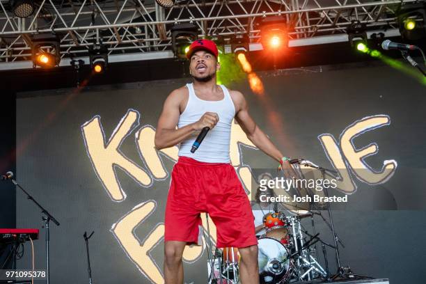 Chance the Rapper makes a guest appearance during Knox Fortune's performance at the Bonnaroo Music & Arts Festival on June 9, 2018 in Manchester,...
