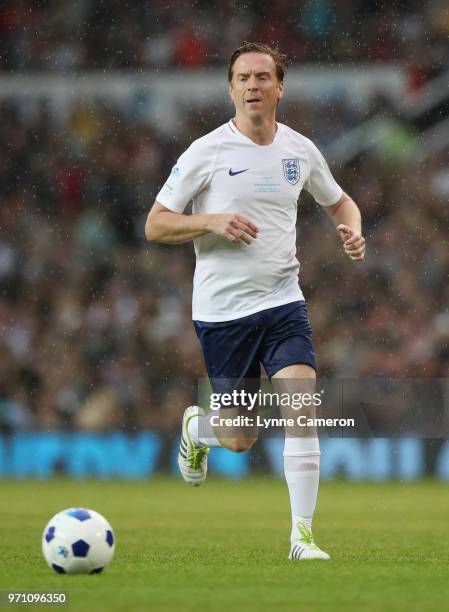 Damian Lewis of England in action during the Soccer Aid for UNICEF 2018 match between England and the Rest of the World at Old Trafford on June 10,...