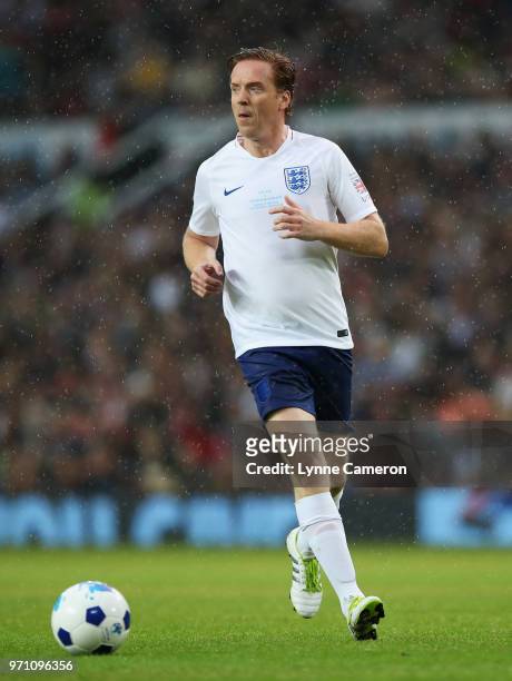 Damian Lewis of England in action during the Soccer Aid for UNICEF 2018 match between England and the Rest of the World at Old Trafford on June 10,...