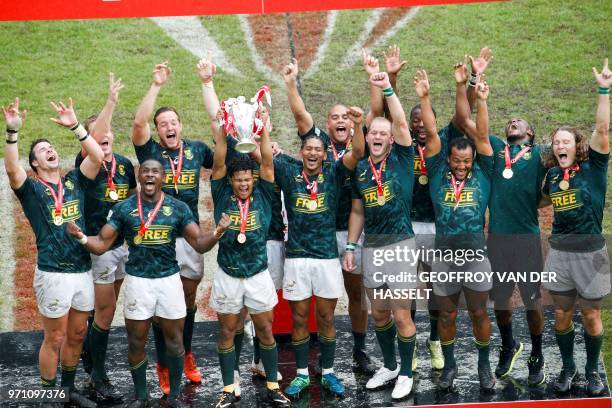 South Africa's team holds the trophy after winning the final of the Men cup rugby union 7s game between South Africa and England, on the third day of...