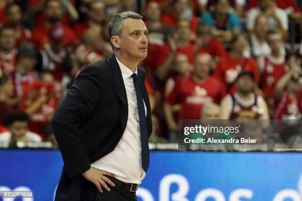 Team coach Dejan Radonjic of FC Bayern Muenchen reacts during the third play-off game of the German Basketball Bundesliga finals at Audi-Dome on June...