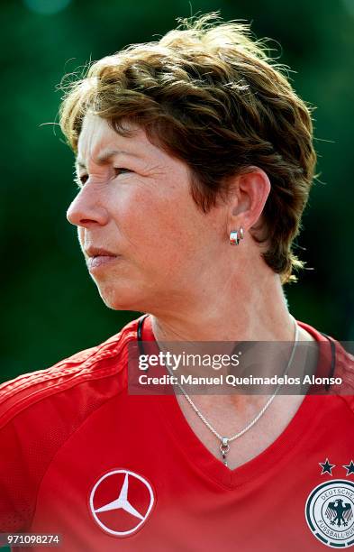 Head coach Maren Meinert of Germany looks on after the Four Nations Tournament match between U20 Women's Haiti and U20 Women's Germany at Stade...