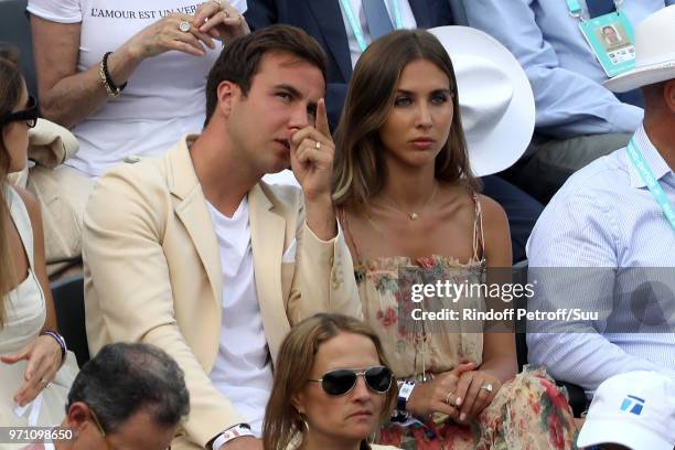 Footballer Mario Gotze and his companion Ann-Kathrin Brommel attend the 2018 French Open - Day Fifteen at Roland Garros on June 10, 2018 in Paris,...