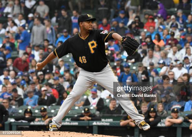 Ivan Nova of the Pittsburgh Pirates pitches against the Chicago Cubs during the first inning on June 10, 2018 at Wrigley Field in Chicago, Illinois.