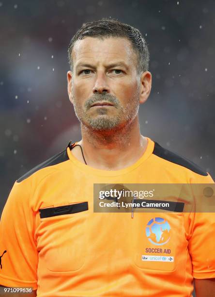 Referee Mark Clattenburg looks on prior to the Soccer Aid for UNICEF 2018 match between England and the Rest of the World at Old Trafford on June 10,...