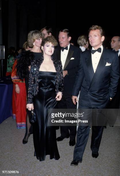 Bernadette Peters and Bob Mackie photographed at Metropolitan Museum of Art Costume Institute Exhibit 'Man and the Horse' on December 3, 1984 at the...