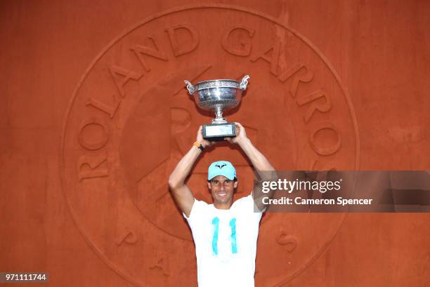 Men's singles winner, Rafael Nadal of Spain poses with the Musketeers' Cup following his mens singles final victory over Dominic Thiem of Austria...