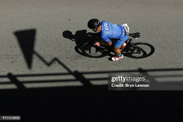 An athletes competes in the bike leg of IRONMAN 70.3 Pescara on June 10, 2018 in Pescara, Italy.