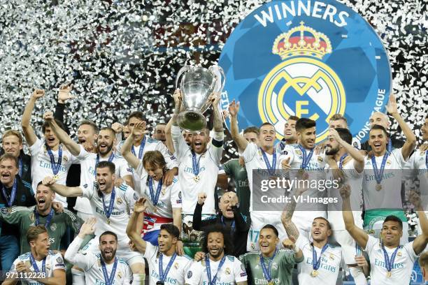 Jesus Vallejo of Real Madrid, goalkeeper Kiko Casilla of Real Madrid, Marcos Llorente of Real Madrid, Karim Benzema of Real Madrid, Nacho of Real...