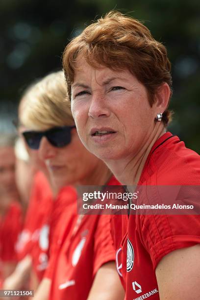 Head coach Maren Meinert of Germany looks on prior to the Four Nations Tournament match between U20 Haiti Women and U20 Germany Women at Stade Marcel...