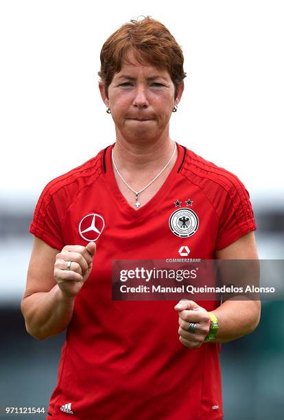 Head coach Maren Meinert of Germany gives instructions prior to the Four Nations Tournament match between U20 Haiti Women and U20 Germany Women at...