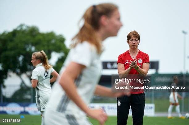 Head coach Maren Meinert of Germany gives instructions prior to the Four Nations Tournament match between U20 Haiti Women and U20 Germany Women at...