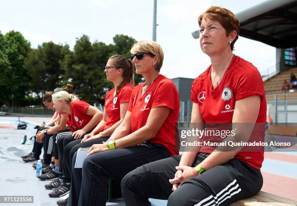 Head coach Maren Meinert of Germany looks on prior to the Four Nations Tournament match between U20 Haiti Women and U20 Germany Women at Stade Marcel...