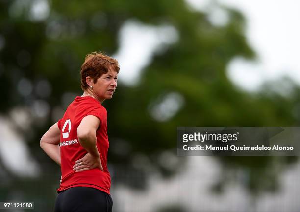 Head coach Maren Meinert of Germany looks on prior to the Four Nations Tournament match between U20 Haiti Women and U20 Germany Women at Stade Marcel...