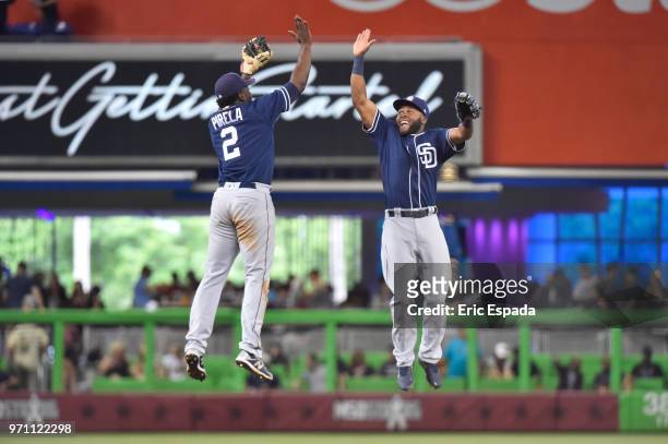 Jose Pirela of the San Diego Padres celebrates with Manuel Margot after defeating the Miami Marlins at Marlins Park on June 10, 2018 in Miami,...