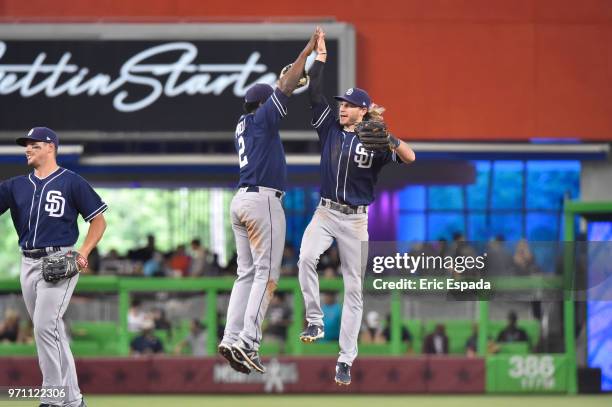 Jose Pirela of the San Diego Padres celebrates with Travis Jankowski after defeating the Miami Marlins at Marlins Park on June 10, 2018 in Miami,...