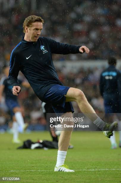 Damian Lewis warm-up during Soccer Aid for Unicef 2018 at Old Trafford on June 10, 2018 in Manchester, England.