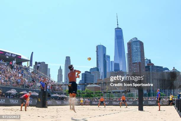 General view of the Stadium Court as Ricardo Santos serves during the AVP New York Coty Open on June 9 at Hudson River Park's Pier 25/26, New York,...