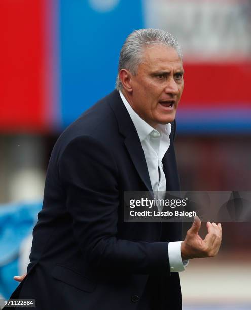 Brazil coach Tite reacts during the International Friendly match between Austria and Brazil at Ernst Happel Stadium on June 10, 2018 in Vienna,...