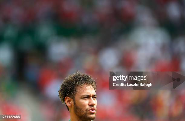 Neymar of Brazil reacts during the International Friendly match between Austria and Brazil at Ernst Happel Stadium on June 10, 2018 in Vienna,...