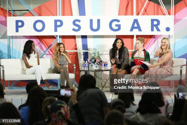 Ashleigh Murray, Vanessa Morgan, Candice Patton, Caity Lotz, and Kirbie Johnson participate in the "Screen Queens" panel on day 2 of POPSUGAR...