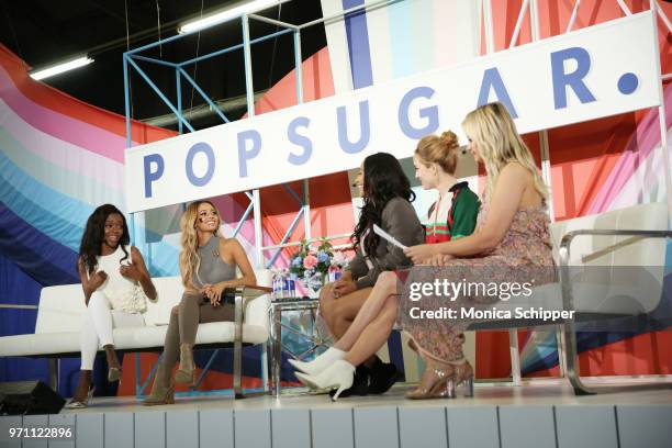 Ashleigh Murray, Vanessa Morgan, Candice Patton, Caity Lotz, and Kirbie Johnson participate in the "Screen Queens" panel on day 2 of POPSUGAR...