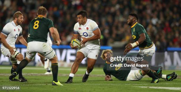 Billy Vunipola of England breaks with the ball during the first test match between South Africa and England at Elllis Park on June 9, 2018 in...