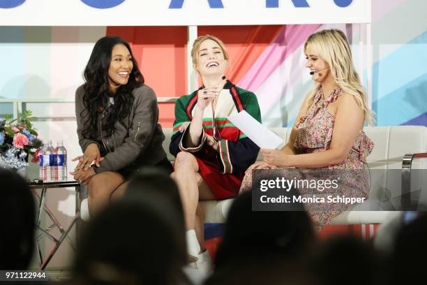 Candice Patton, Caity Lotz, and Kirbie Johnson participate in the "Screen Queens" panel on day 2 of POPSUGAR Play/Ground on June 10, 2018 in New York...