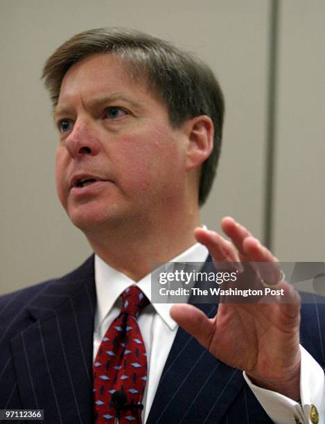 Jahi chikwendiu Steve Baril during a debate against Robert F. McDonnell, the other Republican candidate for Virginia's Attorney General, at George...