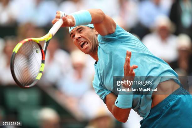 Rafael Nadal of Spain is seen during his Men's Singles Final match against Dominic Thiem of Austria during day fifteen of the 2018 French Open at...