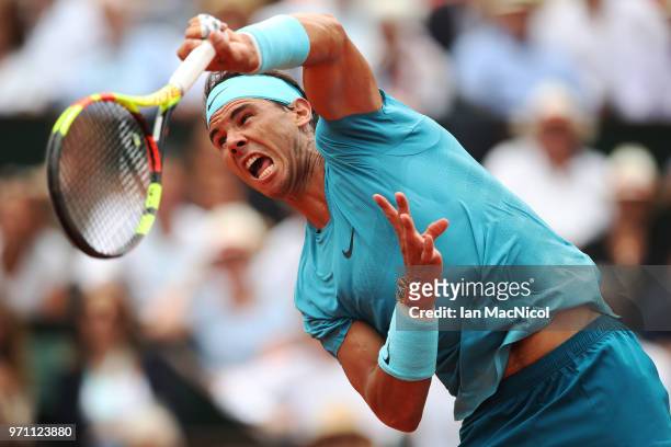 Rafael Nadal of Spain is seen during his Men's Singles Final match against Dominic Thiem of Austria during day fifteen of the 2018 French Open at...