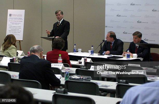 Jahi chikwendiu Robert F. McDonnell, left, speaks during a debate against lawyer Steve Baril, right, the other Republican candidate for Virginia's...