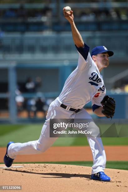 Ross Stripling of the Los Angeles Dodgers pitches against the Atlanta Braves in the first inning at Dodger Stadium on June 10, 2018 in Los Angeles,...