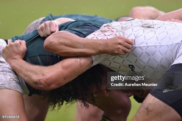 Close view of a scrum during the match between England and South Africa at the HSBC Paris Sevens, stage of the Rugby Sevens World Series at Stade...