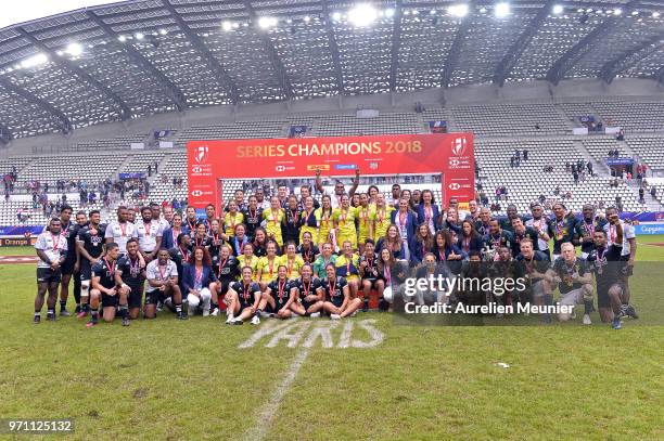 All teams pose together during the trophy ceremony at the trohpy at the HSBC Paris Sevens, stage of the Rugby Sevens World Series at Stade Jean Bouin...