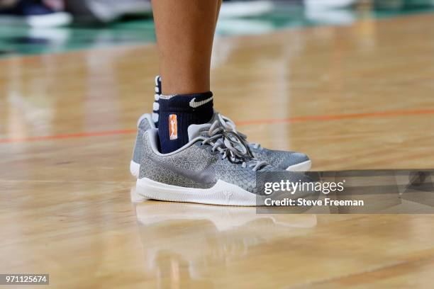 The sneakers of Tiffany Mitchell of the Indiana Fever are seen during the game against the New York Liberty on June 10, 2018 at Westchester County...