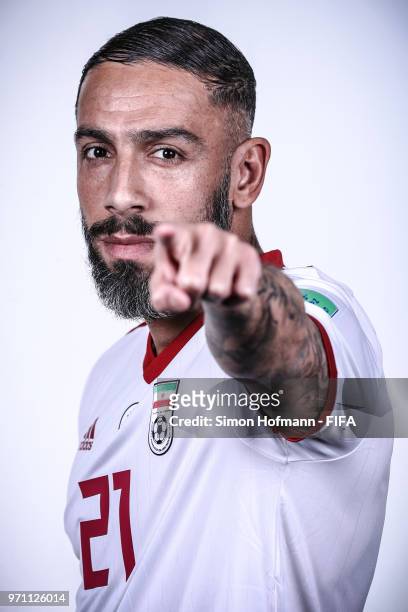 Ashkan Dejagah of Iran poses during the official FIFA World Cup 2018 portrait session at Bakovka Training Base on June 9, 2018 in Moscow, Russia.