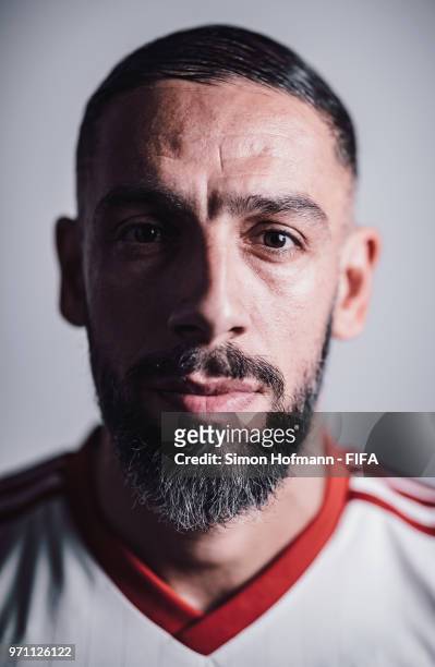 Ashkan Dejagah of Iran poses during the official FIFA World Cup 2018 portrait session at Bakovka Training Base on June 9, 2018 in Moscow, Russia.