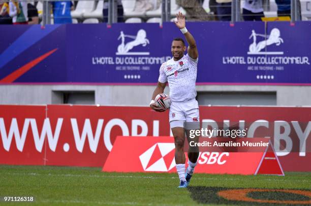 Dan Norton of England reacts after scoring a try during the match between England and South Africa at the HSBC Paris Sevens, stage of the Rugby...