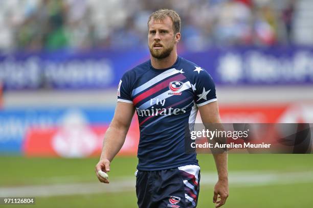 Ben Pinkelman of The United States Of America reacts during match between The United States Of America and Fiji at the HSBC Paris Sevens, stage of...