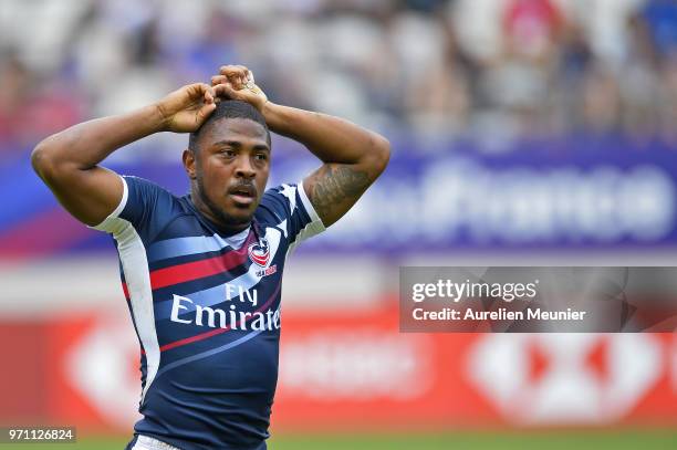 Kevon Williams of The United States Of America reacts during match between The United States Of America and Fiji at the HSBC Paris Sevens, stage of...